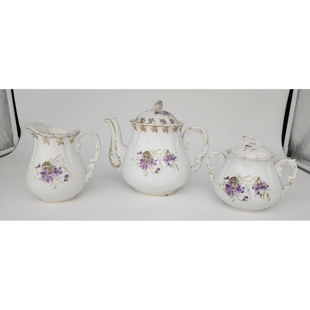 Vtg KPM Germany Porcelain Tea Set White Violets Gold 3pc Floral PLEASE READ